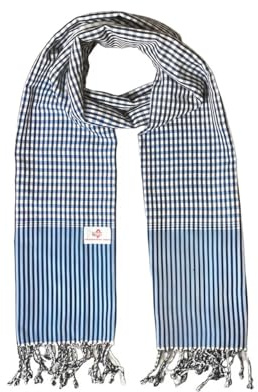Krama Khmer traditionell kambodja handgjord blå halsduk, Färg: blå, longueur 180 x largeur 55 cm
