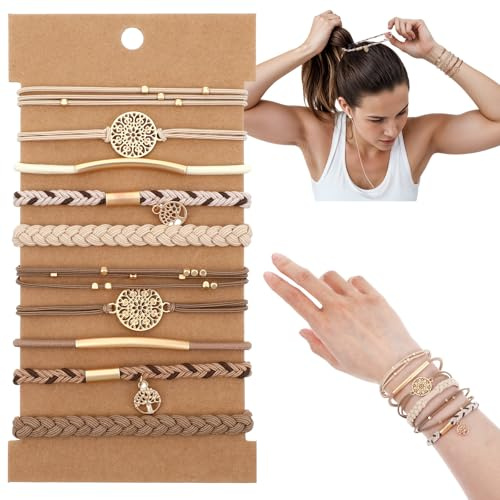 10 Pack Boho Hair Ties Bracelet for Women Elastic Hair Ties No Damage Soft Braided Bands for Girls Thick Thin Hairstyle Accessories, White + Brown