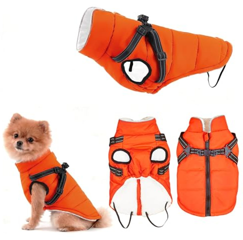 Manteau pour Chien Hiver Petite Taille, ZoneYan Imperméable Manteau Chien avec Harnais Réfléchissants et Réglable, Veste Chauds Chiens Vêtements, Gilet de Protection Contre pour Chiot (Orange, XS)