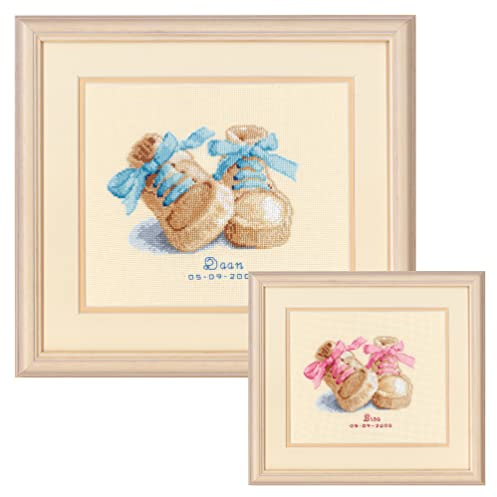 VERVACO Kit Punto Croce Contato Scarpe per Bambini Annuncio Nascita Punto Croce ca. 19 x 16 cm Regalo Personalizzato Set Fai da Te attività Creative Adulti Benvenuto Bambino Cross Stitch