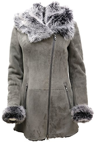 Lyxig grå mocka merino fårskinnskappa med toscanakrage, Grå, 3XL