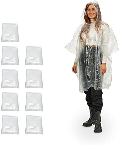 Relaxdays 100 Poncho Antipioggia, Set di Mantelli, Cappuccio, Mantellina Impermeabile per Adulti, Monouso, Unisex, PE, Trasparente