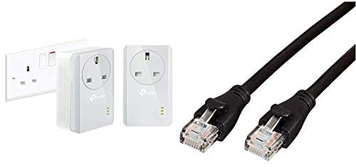 TP-Link TL-PA4010PKIT Passthrough Powerline Adapter Starter Kit, No Configuration Required, UK Plug, Pack of 2 & Amazon Basics RJ45 CAT6 Ethernet LAN Patch Cable (0.9 m / 3 Feet) [1,000 Mbps (1 Gbps)]