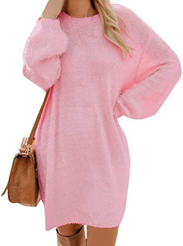 ORANDESIGNE Femmes Chandail Robe Mini Elegant Pull Manche Longue Loose Solide Sweater Tunique Oversize Tricot Chemisier Mode Automne Hiver Tops Rose 46