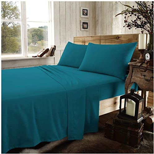 GC GAVENO CAVAILIA Easy Care Plain Dyed Flannel Flat Sheet, 100% Brushed Cotton Luxury Bedding Accessory, Soft & Cosy Bed Linen, Teal, Single Size Bedsheet