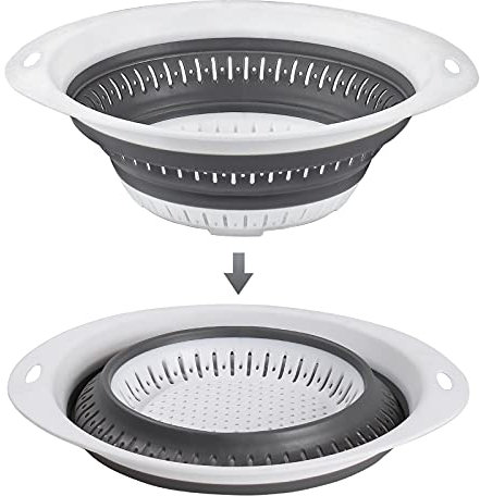 4UBonLife Scolapasta Pieghevole in Silicone, Filtro Cucina Pieghevole Colino per Pasta in Plastica， Colander da Cucina Salvaspazio, per Drenare Verdure Frutta (Bianco/Grigio, Formato L)