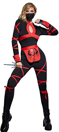 Costume de ninja pour femme, rouge et noir, ensemble de costume de ninja avec masque de ninja Sai 2 pièces, costume d'Halloween ninja pour femme, taille M