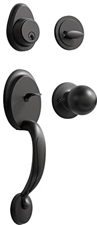 GUA OYH Front Door Handle Set Entry Door Lock Set Matte Black Entrance Handle Set with Lock, with Single Cylinder Deadbolt and Knob Handle, Reversible for Right & Left Handed Doors (Antique_1073)