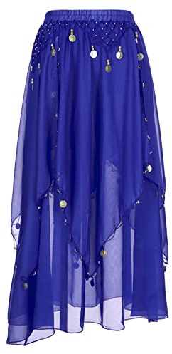 iiniim Falda Danza del Vientre con Borla Lentejuelas Brillante Mujer Falda Larga Gasa Irregular para Adulto Ropa de Rendimiento Cintura Alta Fiesta Actuación A Azul B Talla única