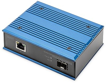 DIGITUS industrieller Gigabit PoE Medienkonverter - 1 RJ45-Port, 1 SFP-Port - 10/100/1000 Mbps - 30W PoE-Leistungsbudget - Hutschienenmontage - IP40 Schutzklasse - schwarz,blau