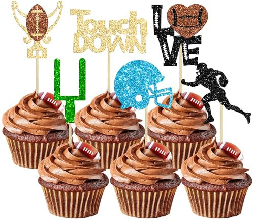 Gyufise 24Pcs Rugby Ball Cupcake Toppers Glitter Touchdown Player Cupcake Picks Trophy Love Rugby Cupcake Toppers Rugby Cake Decor for Rugby Sports Theme Baby Shower Party Supplies