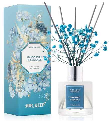Airkeep Reed Diffuser Set,3.38 fl oz (100 ml) - Ocean Mist&Sea Salt Oil Diffusers with 8 Reed Sticks,Home Fragrance Reed Diffuser for Bathroom Shelf Decor