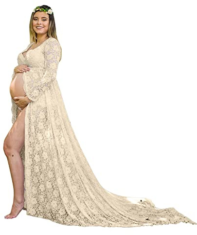 Robe Grossesse Dentelle Shooting Photo Manche Longue Col V Robe Maternité Fête Soirée Cérémonie Photographie Maxi Robe Grossesse Chic Et Elegant Pas Cher Mariage (Beige, M)