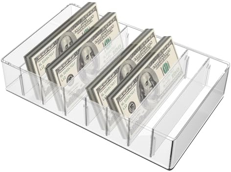 Organizador de Dinero en Efectivo Acrílico 8 compartimentos Extraíble Bandeja para dinero Caja de Almacenamiento Transparente para Sobres Dinero en efectivo 26x18x5,5 cm