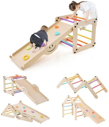 GOPLUS 7 en 1 Triangle Escalade Enfant Montessori en Bois avec Échelle Modulable, Rampe d'escalade Réversible, Toboggan, Bascule, Tabouret Intérieur pour 1 an+, Charge 60KG (Multicolore)