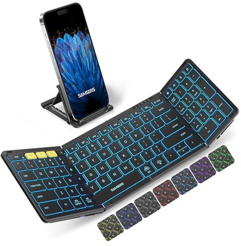 Samsers Foldable Bluetooth Keyboard with Numeric Keypad, Full-Size Wireless Folding Keyboards with Backlight, Portable Travel for iOS Android Windows Mac OS, Support 3 Device(BT5.1 x 3), Black