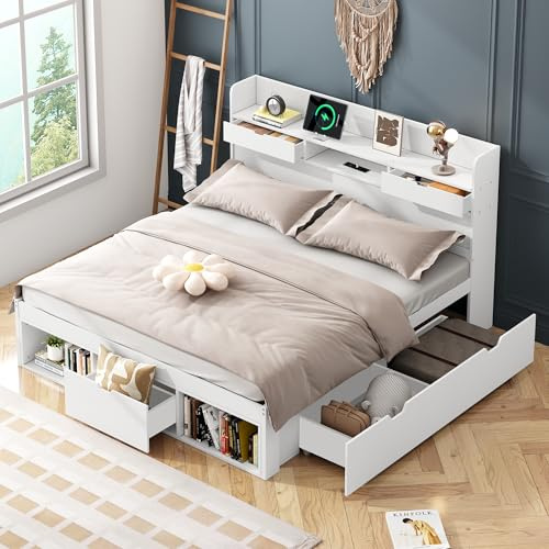 Kinderbett Doppelbett 140x200, Stauraumbett Funktionsbett mit USB-Port & Schubladen & Stauschrank, Multifunktionales Bett Jugendbett Bettrahmen mit Großer Stauraum und Lattenrost, Massivholz, Weiß