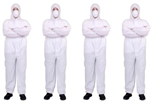 Tradineur - Pack de 4 Trajes Protectores de Trabajo, Mono desechable, Integral, Multiusos, protección, Bricolaje, Pintura, mecánica (Blanco - Talla única - Unisex)