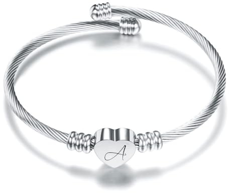 KENYG Delicate Silver Love Heart 26 Initial Letter Alphabet A-Z Cuff Bracelet Open Bangle Adjustable Jewellery Gift For Daughter Son Sisters Friends Mom Colleague Lover Birthday Christmas (A)