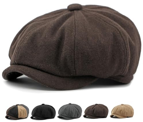 Xinveen Men's 8 Panel Newsboy Cap Vintage Tweed Cap Herringbone Cabbie Flat Cap Coffee