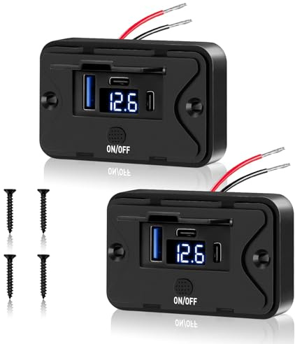 Daakro 2 stycken USB-laddningsuttag 12 V billaddare med voltmeter 72 W QC3.0 USB och dubbel PD3.0 typ C mobiltelefon snabbladdare vattentät med strömbrytare för 12 V/24 V husvagn, bil, motorcyklar,