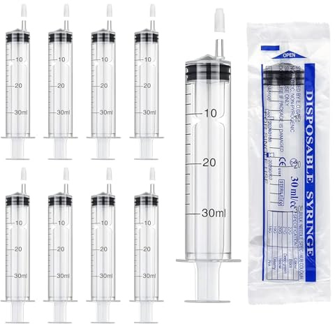TAIHOBO 10PCS Seringue 30ml, Seringue Plastique Stériles avec Couvercle, Seringue Alimentaire Réutilisable, pour L'alimentation des Animaux Domestiques, Mesure des Liquides en Laboratoire Industriel
