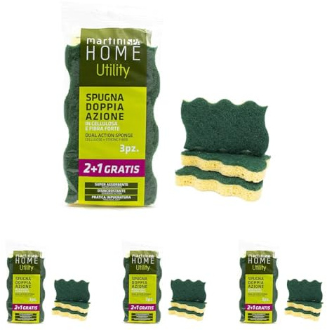 martini SPA - Home Utility - Spugne doppia azione in cellulosa e fibra disincrostante, fibra verde, cellulosa naturale, 11.5x7.5x1.5cm, 54g, 3 unità (Confezione da 4)
