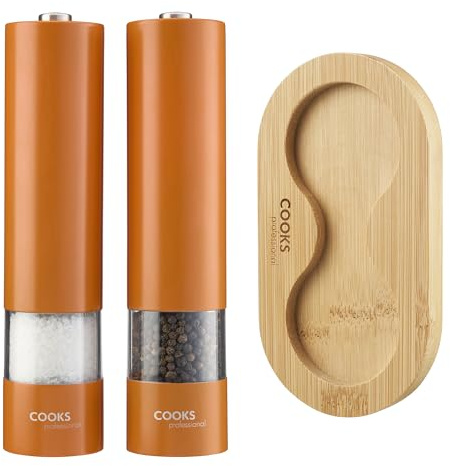 Cooks Professional Electric Salt and Pepper Mill Set with Bamboo Base | Battery Operated Automatic Grinders with Adjustable Grinding & One Touch Operation | Condiment Grinder & Stand | Orange