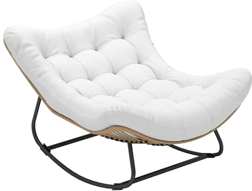 Outsunny Poltrona a dondolo da giardino, sedia a dondolo a forma di uovo in resina intrecciata, sedia a dondolo con cuscino imbottito per giardino, camera da letto, soggiorno, crema