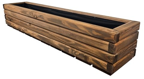 HolzGarden Jardinera de Madera con Fieltro 118x25x25 cm Madera Maciza Impregnada Color Teca Macetero Exterior para Jardín Balcón y Terraza Resistente a la Intemperie 43L Macetas Decorativa