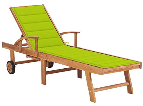 HaoChrymec Transat Jardin Extérieur en Teck Massif, avec Coussin Vert Clair, Dossier Réglable 4 Positions, roulettes de Transport, Design Confortable, pour Piscine, Terrasse, Jardin, 195 x 59.5 cm