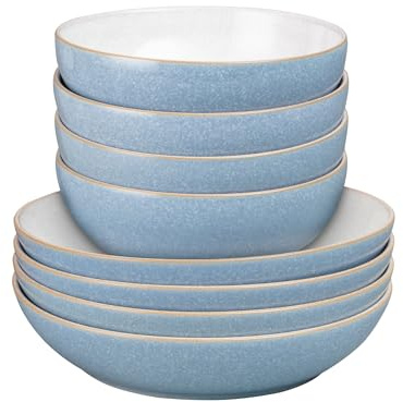 Denby - Elements Pasta & Cereal Bowl 8 Piece Set - Blue Glaze, Dishwasher & Microwave Safe, Oven Proof Stoneware Dishes - 4 x Pasta & Cereal Bowls - Ceramic, Chip Resistant Tableware for Everyday Use