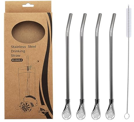 4 Pailles-Cuillères en Acier Inoxydable 304 avec 1 Brosse - Cuillère Filtrante Réutilisable pour Thé, Cocktails, Café, Jus, Lavable au Lave-Vaisselle