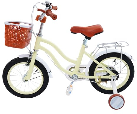 GIDRLL Barncykel 14 tum Höjdjusterbar Freestyle BMX-cykel för barn för pojkar och flickor från 3-6 år med stödhjul, baksäte och korg (Beige)