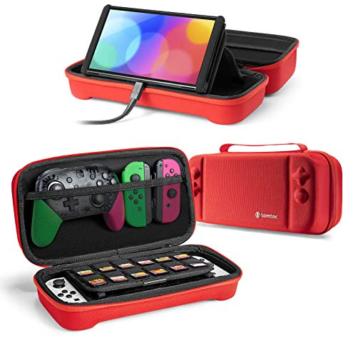 tomtoc Tasche Hülle für Nintendo Switch/Nintendo Switch OLED Modell, Protective Hard Case Tragetasche für Switch Konsole, 24 Spiele, Pro Controller, Netzteil und Zubehör, Rot