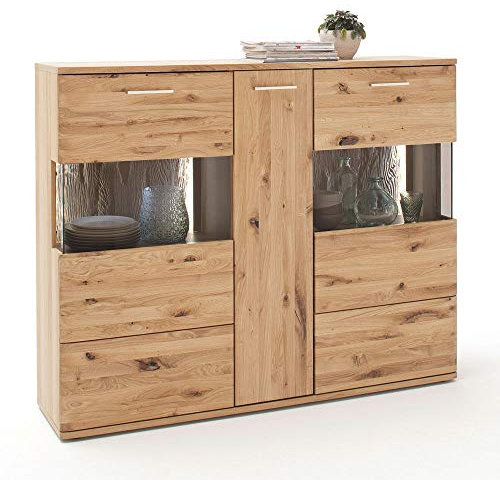 Lomadox Highboard Vitrinenschrank aus Asteiche Bianco massiv - Breite: 150cm, ohne Beleuchtung