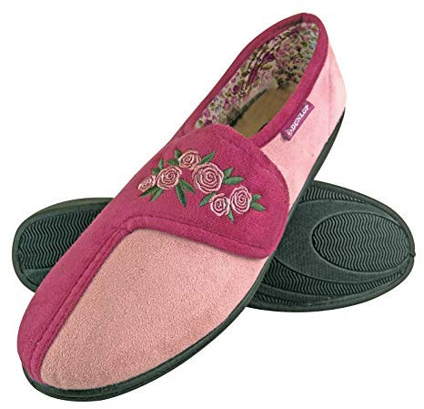 DUNLOP - Damen Memory Foam Frottee Hausschuhe Klettverschluss mit Blumen für Senioren (38 EU, Dusky Pink)