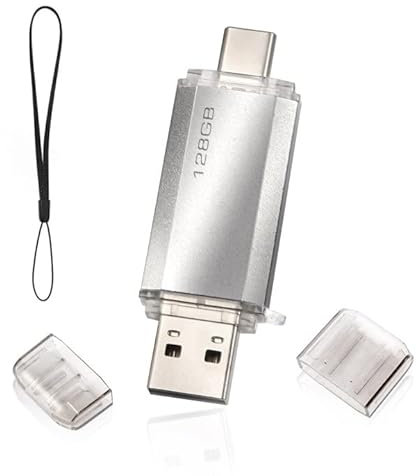 Clé USB C 128GB 2-en-1 Dual Connector OTG 128GB Type C Metal Flash pour Smartphone/TV/PC MacBook Pro(Argent)