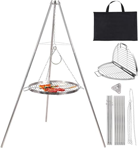 Lineslife Campfire Tripod Grill for Cooking, Durable Stainless Steel Camping Fire Tripod Grill with Round Grate and Carrying Bag for Outdoor BBQ, Silver