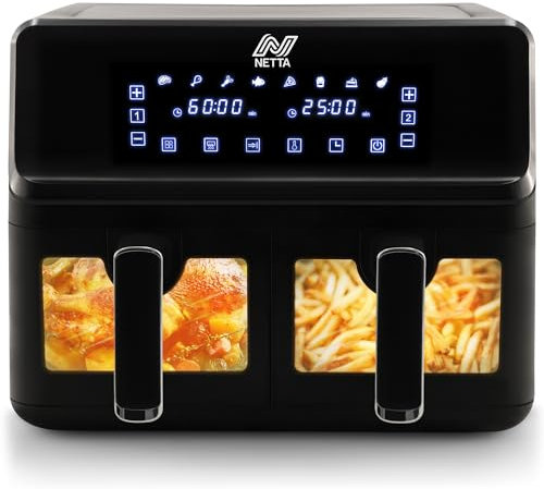 NETTA 8L Dual Basket Low Energy Air Fryer with Digital Smart Programmes - 2 Large Drawers, 8 Pre-Set Functions, 60 Minute Timer, XL Family Size Drawer - Black