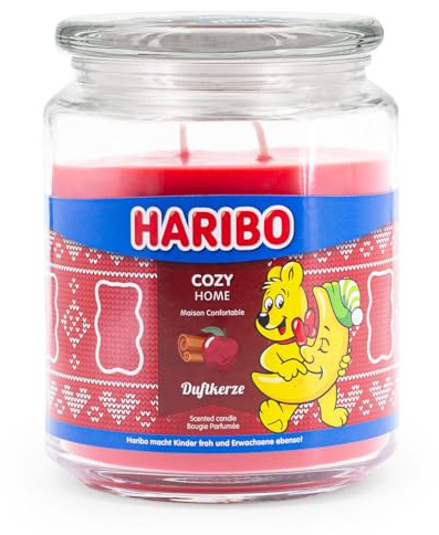 Haribo Duftkerze im Glas | Cozy Home 510g | Duftkerze Apfel-Zimt | 2 Dochte | Brenndauer bis 100h | Geschenkidee für Winter & Weihnachten
