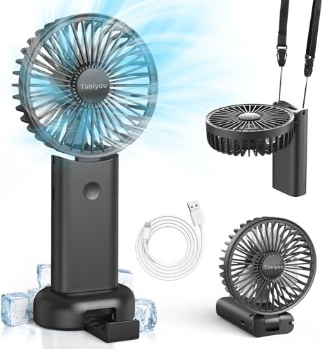 Timiyou Handventilator, Mini Ventilator für Unterwegs, Ventilator Klein mit Lanyard und Base, Handventilator Akku Aufladbar, Usb Ventilator für Outdoor Camping Büro Hause Reisen