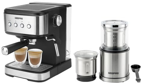 GEEPAS 1100W Espresso & Cappuccino Coffee Machine & 200W Coffee Grinder Combo Set | Milk Frother, 1.5L Water Tank | Electric Wet & Dry Food Processor Mill for Spice Nuts Chutney, 75g Detachable Bowl
