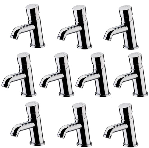 ENKI, Vision, BT4300X10, 10 Pack of Self Closing Non Concussive Basin Tap Modern, for Pre-Mixed Water, Hot or Cold, Commercial Use, Adjustable Shut Off Time, Chrome