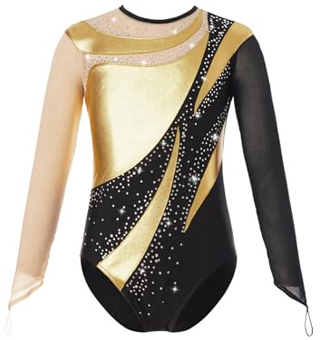 iiniim Maillot de Gimnasia Leotardos de Danza Body Brillante de Manga Larga para Niña Body Ballet Maillot de Baile Competición Disfraz de Bailarina D Dorado 9-10 años