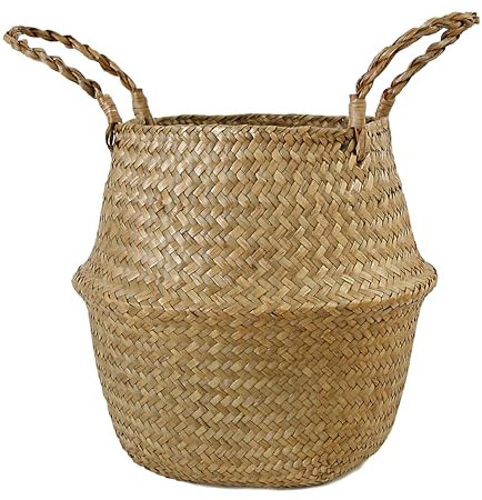 FEILANDUO Seagrass Belly Basket Woven Plant Pot with Handle, Natural Foldable Laundry Toy Storage Baskets for Shelves (Natural, Widest Part 22 x 20cm)