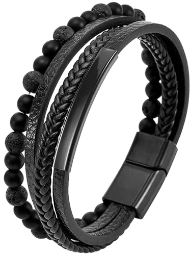 Mochity Läderarmband herr pojke, 21 cm armband för män med naturstenspärlor, armband armband stål läder svart brun blå, present till farfar smycken, Medium, Rostfritt stål, Rostfritt stål