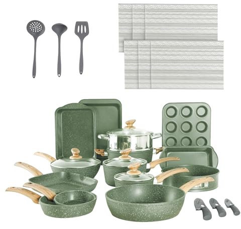 30 Piece Non Stick Induction Granite Kitchen Cookware and Bakeware Set, Pots and Pans for Cooking, Green