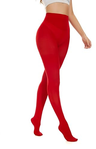 Hiltzo Collant Donna 80D Vita Alta Morbida ed Elastica Effetto Semi-Transparente Collant Taglie dalla XS alla 3XL Rosso XXL-3XL