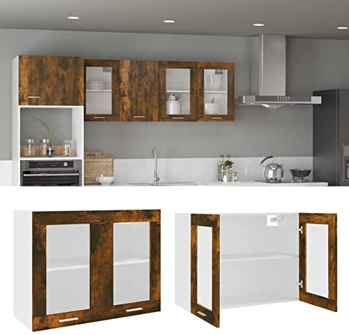 Bulliing Mobile Pensile Vetro Rovere Fumo 80x31x60 cm Legno Multistrato,Pensile da Cucina a Parete,Armadio Sospeso in Legno,Armadietto da Muro Spazioso e Resistente